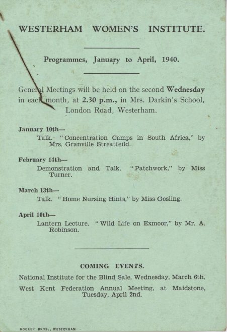 W.I. Programme Card 1940 Jan-April