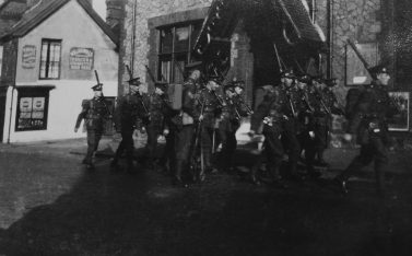 Assembled Territorials march from Drill Hall