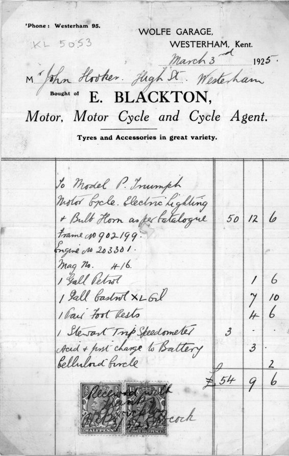 The invoice from Ernest Blackton at Wolfe Garage.  In 1925, £54-9-6d was a lot of money for a young man working for the G.P.O. 
