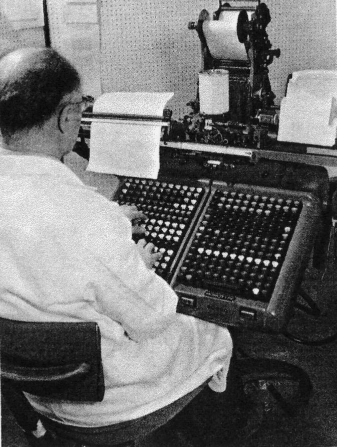 The first ‘Monotype’ hot metal keyboard was acquired in 1956 together with a hot metal letter-caster. The Monotype system, as its name implies, dealt with individual letters allowing speedy correction not possible with earlier ‘Linotype’ systems which dealt with a whole line of type. This installation provided an interesting  range of composition typefaces accessible and selectable through an advanced keyboard that dealt with letter-spacing, leading and kerning, producing a paper-tape recording that would drive the casting machine.